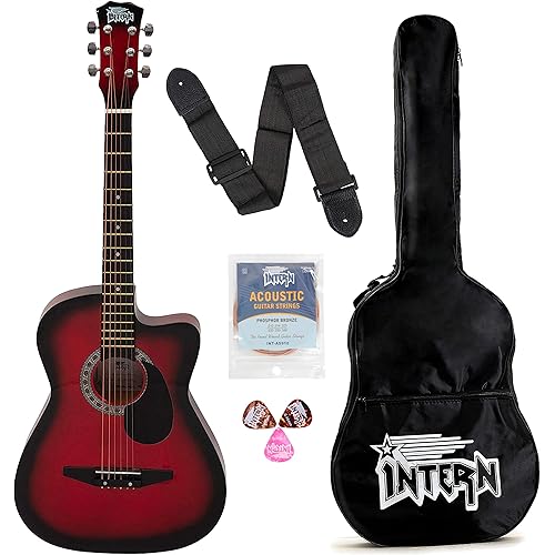 Intern INT-38C-RD-G Linden Wood Cutaway Right Handed Acoustic Guitar Kit, With Bag, Strings, Pick And Strap (Red, 6 Strings)