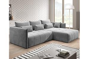 Furnix Ecksofa Yalta mit Schlaffunktion und Bettkasten - Couch L-Form Sofa mit Kissen - Stellfüße in Chromoptik - B245 x H83 x T182 cm, Liegefläche: 147 x 232 cm - MH85 (Hellgrau)