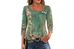 Kistore Womens 3/4 Sleeve Tops Ladies Blouses Asymmetrical Neck Tunic Shirts Women's Fashion Clothing S-2XL