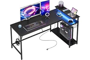 Bestier Escritorio para juego en forma de L de 147 cm con luces LED y tomas de corriente, escritorio esquinero reversible para oficina en casa con estantes,estación de trabajo para PC más grande,negro