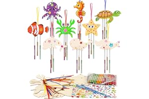 WEDNOK 9 Kits Bricolage Animaux Marins Carillon à Vent Activité Manuelle pour Enfant Loisirs Créatifs pour Enfants Créations en Bois à Peindre Décoration Suspendue DIY Printemps Anniversaire Jouet