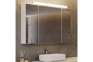 DICTAC Specchio Bagno Contenitore con Luce e Presa Elettrica Mobile Bagno con Specchio e Led illuminazione 90x16x60cm Armadio specchio Bagno con 3 ante e Mensola Regolabile,Bianco