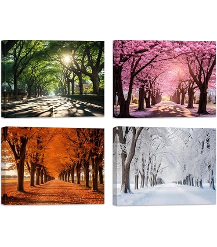 4-teilige Leinwand-Wandbilder: Frühling, Sommer, Herbst & Winter Landschaftsbilder (30,5x40,6 Cm)
