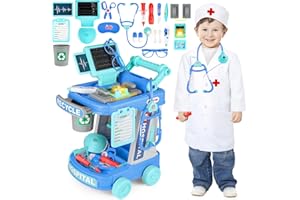 deAO Maletín Médico Juguete para Niños, Kit Doctora con Carrito, Bata, Estetoscopio Realista y Accesorios, Juego de rol Maletín Doctora, Centro Medico Juguete 3 4 5 6 Años(Azul)