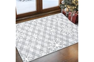 Likiyol Christmas Entryway Rug 2x3 Area Rug Soft Small Washable Rug Snowflake Indoor Door Mat Non Slip Xmas Throw Rugs Red Winter Checkered Christmas Carpet for Entry, Bathroom, Low Pile, Grey