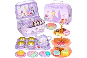 Damcyer Set da tè per bambini, 33 PCS Set Cucina Bambini Set da Festa del tè per Bambini con Vassoio per Cibo e Dessert Teiera Accessori da Cucina per Bambini Ragazze Gioco di Finzione,Volpe