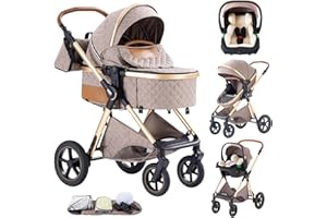 Shineey Kinderwagen 3 in 1,Faltbarer Puppenwagen Set,Reisesysteme kinderwagen Kinderkarre komplettset Neugeborener Tragbarer Mit Höhenverstellbarer Rahmen Aluminiumlegierung (H2/KHAKI, H2)