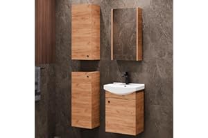 ‎PLANETMÖBEL Planetmöbel Badmöbel Set Waschtisch mit Unterschrank 45 x 60 x 33 cm mit Spiegelschrank 40 cm, 2X Midischränke für Badezimmer, Gäste WC & Bad, Gold Eiche