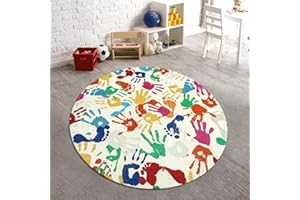 STARUIA Colorful Round Kids Rug 5 Ft, Machine Washable Rug for Playroom, Non-Slip Circle Rugs for Classroom, Soft Circular Carpet Handprints and Footprints Play Mat for Nursery Bedroom Preschool