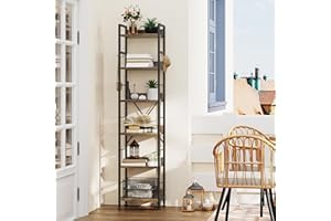 YITAHOME Bookcase 6 Tiers, Floor Standing Book Shelf with 4 Hooks, Wooden Shelf and Metal Frame Book Rack Industrial Tall Shelf Unit Storage for Living Room, Home Office, Rustic Brown Bookshelf