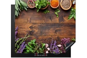 KitchenYeah© Protege Couvre Plaque De Cuisson Deco Cuisine Tapis Protection Protecteur Induction Gadget 60x52 cm Lavande - Fleurs - Herbes - Épices - Épreuve sur bois
