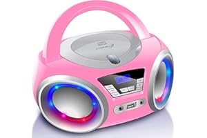 Cyberlux CD-Player mit LED-Beleuchtung, Kopfhöreranschluss, tragbares Stereoradio, Kinderradio, Stereoanlage, USB, CD/MP3-Player, UKW-Radio, Kopfhöreranschluss, Aux in Pretty Kitty Pink