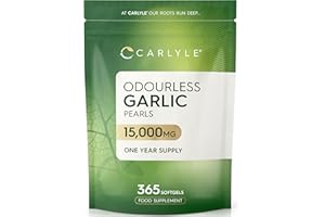 Odourless Garlic Capsules 15,000mg | 365 Count (1 Year Supply) | High Strength Garlic Oil Pearls with Allicin | by Carlyle