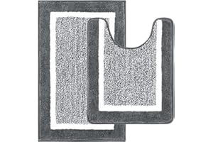 Pauwer Set of 2 Non-Slip Bath Mat, Absorbent Microfibre Bath Mat, Soft and Comfortable Toilet Mat, Dark Grey