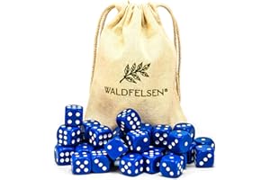 Waldfelsen 6, 12, 20, 30 oder 50 hochqualitative Würfel Standardgröße 16 mm Acrylwürfel Knobel Spielwürfel Dice 6-seitig sechsseitig Spielzubehör Set mit Stoffbeutel (Blau, 30 Stück)
