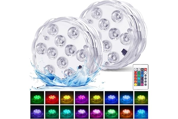2 Pièces de Lumières LED Submersibles avec Télécommande à Piles, Lumières Imperméables RGB Multi Couleurs pour Piscine, Base pour Vase, Spa, Aquarium, Étang, Baignoire Hydromassante, Décoration, Fête
