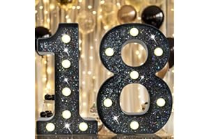 VIMLITS 8.8" Decorative LED Light Up Numbers, Glitter Marquee Numbers Lights for 18th Birthday Decorations, Shiny Lighted Number Sign for Birthday Party Wedding Anniversary Home Decor, Glitter Black 18