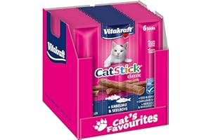 Vitakraft Cat Stick Classic, snack gatto, bastoncino con carne, con merluzzo e merluzzo carbonaro, confezione scorta, senza zuccheri aggiunti (10x 36g)