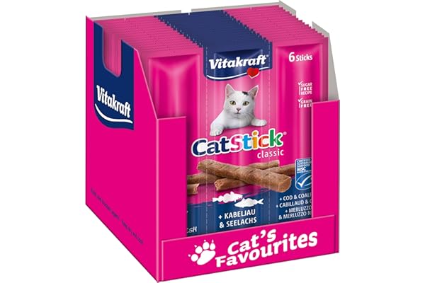 VITAKRAFT- Cat Stick Classic, Friandises pour Chats, Stick Au Colin Et Cabillaud, Format Économique, sans Sucres Ajoutés, (10X36g)