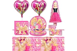 GXHONG Kinder Geburtstag Geschirr Kit, Bar-bi Party Deko Geschirr Luftballons, Rosa Thema Party Geschirr Set, Geburtstag Pappteller Servietten Becher Tischtücher Ballon, für Jungen Mädchen Party Zubehör