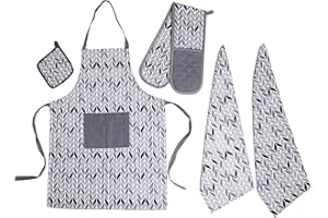 Olivia Rocco Kitchen Sets Apron Double Oven Gloves Towel Set Heat Resistant Oven Mitts Pot Holder for Home Kitchen Baking and Cooking Pack of 5, Chevron Silver