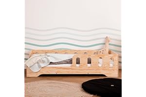 smartwood Cama Infantil TILA 1L 100x200 con somier y barandilla - Madera Cama Montessori a RAS de Suelo para niños y niñas 200x100 - Madera Natural