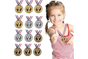 CAISYE 12 pcs Medaglie per Bambini, Bambini Medaglie in Plastica Oro, Argento e Bronzo, con Nastri per Collo, Ideali per Competizioni Scolastiche e Eventi Sportivi
