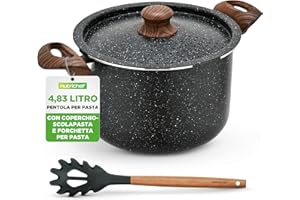 NutriChef Pentola Pasta 4,7 Litri, Pentola con Scolapasta Incorporato e Forchettone, Pentola Antiaderente, Manici Resistenti al Calore, Facile da Pulire, Nero Marmo