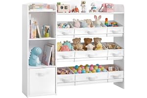 SONGMICS barnhylla, leksaksförvaring, leksakshylla, Montessori-hylla, 2 öppna fack, 9 medelstora och 1 sidobox, för barnrum, 30 x 113,1 x 104 cm, molnvit GKR061WB01