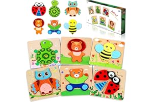 lenbest 6 Stück Holzpuzzle - Tier Montessori Spielzeug - Steckpuzzle Kinderspielzeug Holzspielzeug Lernspielzeug Motorikspielzeug Spielzeug 1 Set ab 2 3 Jahr Jahre - Geschenke Mädchen Junge