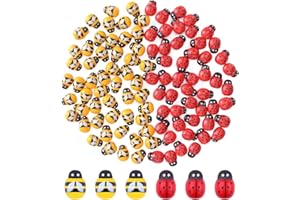 ROWWAIT 50 PCS Mini Self Adhesive Bees Ladybirds Wooden Embellishments Stickers,9x13mm Wooden Ladybirds Embellishments Craft Card Wood Toppers Bee Flat Back Stickers for DIY Microlandscape Scrapbooking