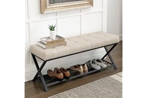 LUE BONA Upholstered Shoe Storage Bench with Shelf, 113cm End of Bed Shoe Bench, Linen Tufted Seat with Metal Frame, Modern Hallway Bench for Bedroom, Living Room, Linen Color