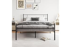 BORPHOM Metalowa rama łóżka ze stelażem, łóżko podwójne, rama łóżka z zagłówkiem, łóżko dla gości, rama łóżka do pokoju gościnnego, sypialni, 140 x 200 cm, kolor czarny