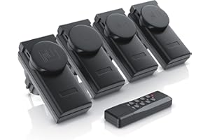 Arendo - Outdoor Funksteckdosen-Set 4 1 für den Außenbereich Outdoor - 4x Funkschalter-Steckdosenset - 1x Fernbedienung - integrierter Berührungsschutz - IP44-Norm für Außenbereich - schwarz