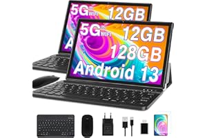 GOODTEL Tablet 10 Pulgadas Android 13 con 12GB RAM+128GB ROM 1TB TF, 5G+2.4G WiFi, GPS, Bluetooth 5.0, Google GMS, 6000mAh, Doble Cámara 8+5MP, Cast, OTG, Type C, con Funda, Teclado y Ratón-Negro