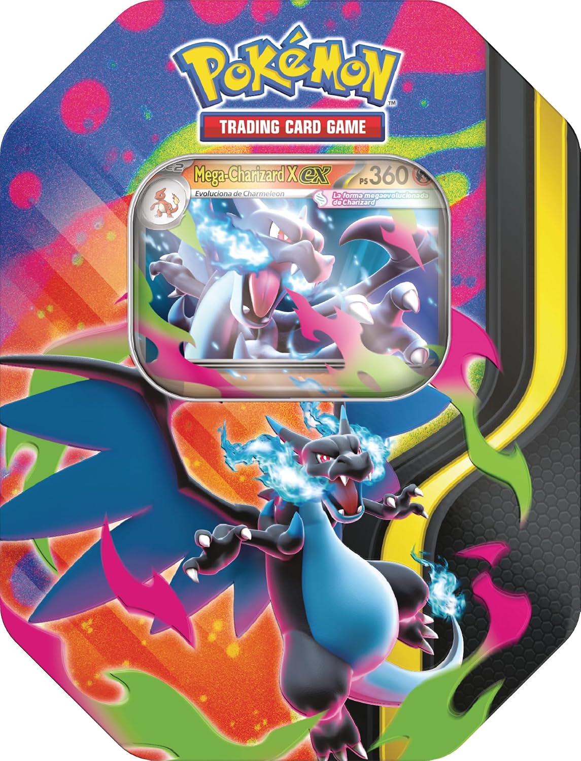 Pokémon: Lata Mega-Charizard de JCC Pokémon: Mega-Charizard X ex de JCC Pokémon (4 Sobres de Mejora y 1 Carta holográfica de promoción)