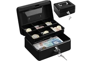 H&S Mała skrzynka na pieniądze z tacą na monety - czarna stalowa skrzynka na pieniądze z 2 kluczami i sekcją na monety - mały sejf z zamkiem na klucze - pudełko na gotówkę