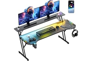 VidaTeco 120cm Gaming Desk, Smart Computer Gamer Desk with LED Lights & Mouse Pad, Gaming Table with Power Outlet, Monitor Stand, Side Hook, Ergonomic Work Desks for Home Office, Carbon Fiber Black