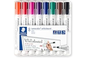 Staedtler Lumocolor 351, Marqueurs pour tableau blanc effaçables à sec, Sans xylène ni toluène et quasi-inodore, Pointe ogive de 2 mm, Étui chevalet avec 8 couleurs assorties, 351 WP8