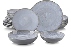 vancasso Karst Reactive Glaze Dinner Sets, Stoneware Vintage Look Grey Dinnerware Tableware, 16 Pieces Service Set 4, Include Plate, Dessert Pasta Bowl & Cereal Bowl, Karst-White