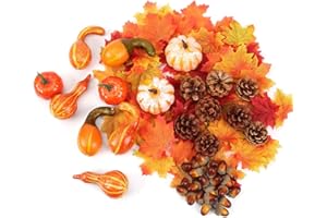 MANQYI 70 Piezas Calabazas Artificiales, Mini decoración de Calabaza, Calabazas Artificiales de Halloween, Hojas de Arce Halloween Decoracion, Artificiales Decoracion Otoño, para Decoración de Halloween