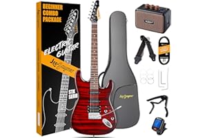 Leo Jaymz 39" Full Size ST Style Electric Guitar Starter Kit with SSH Pickup, 5W Portable Amp, Tuner, Gig Bag, Strap & Accessories(Red Flame 5W)