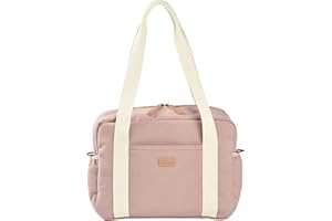 BÉABA, Sac à Langer pour Bébé, Multiples Compartiments, 10 poches, Glissière trolley-valises, Bandoulière, Pochette isotherme, Matelas , Déperlant, Contenance 16L, Paris, Rose Poudré