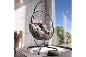 Blisswood Rattan Swing Egg Chair Garden Patio For Indoor Outdoor Hanging Hammock With Cushion & Stand Indoor & Outdoor Chair Upto 150kg Weight Capacity (Dark Grey)