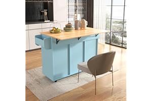 Azkoeesy Carrito de cocina, isla de cocina con encimera ampliable, con 5 ruedas, armario de cocina, carrito de servicio, con 3 cajones y 6 estantes, 139 x 91,5 x 46-71 cm (azul)