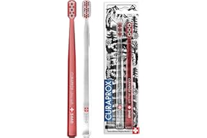 Curaprox Ręczna Szczoteczka Do Zębów Pielęgnacja dziąseł dla dorosłych/Ultra-miękka do usuwania płytki nazębnej/Swiss Edition Duo Pack/Czerwono-Przezroczysta/Made in Switzerland