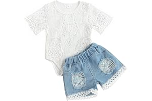 Juflam Neonato Baby Girl Vestiti Ricamato Pizzo Romper Ripped Jeans Denim Pants Toddler Infant Outfit Set