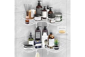 ADORAMOUR Corner Shower Caddy Set -2 Pack Bathroom Organiser with Soap Dish, Adhesive Storage Rack for Toiletries, Shower Shelf Drill-Free or Drilling Install Options Shampoo Holder, White
