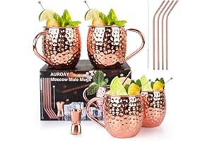 AUROAY 4 SET 550ML Moscow Mule Taza Cobre Vaso Moscow Mule Copas de Cóctel Copper Mug 4 Piezas Copas con 4 Pajitas,4 Palos de Decoración, 1 Jigger,1 Cepillo de Limpieza