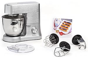 Moulinex Robot pâtissier, Bol XXL inox 6,7 L, 1500 W, 10 vitesses + fonction Pulse, Corps en fonte d'aluminium, Kit de pâtisserie premium, Masterchef Grande gris QA810D01